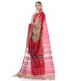 MUGA TUSSAR GHICHHA, TEMPLE BORDER WITH IKKAT PALLU,  RED CONTRAST BLOUSE PIECE