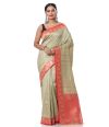 PISTA GREEN BISHNUPURI TUSSAR SILK CONTRAST RED BORDER AND PALLU, MATCHING BLOUSE PIECE