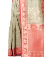 PISTA GREEN BISHNUPURI TUSSAR SILK CONTRAST RED BORDER AND PALLU, MATCHING BLOUSE PIECE