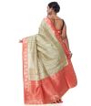 PISTA GREEN BISHNUPURI TUSSAR SILK CONTRAST RED BORDER AND PALLU, MATCHING BLOUSE PIECE