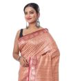 LIGHT PEACH BISHNUPURI TUSSAR SILK CONTRAST MAROON BORDER AND PALLU, MATCHING BLOUSE PIECE