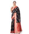 ALL OVER ZARI WORK ON BLACK TUSSAR BANARASI WITH CONTRAST BORDER AND PALLU, MATCHING BLOUSE PIECE