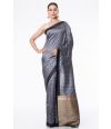 STEEL GREY BISHNUPURI TUSSAR SILK, CONTRAST BORDER & PALLU, MATCHING BROCADE BLOUSE PIECE