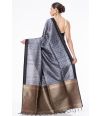 STEEL GREY BISHNUPURI TUSSAR SILK, CONTRAST BORDER & PALLU, MATCHING BROCADE BLOUSE PIECE