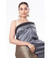 STEEL GREY BISHNUPURI TUSSAR SILK, CONTRAST BORDER & PALLU, MATCHING BROCADE BLOUSE PIECE