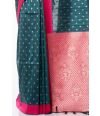 BOTTLE GREEN BISHNUPURI TUSSAR SILK, PINK CONTRAST PALLU & BORDER, MATCHING BROCADE BLOUSE PIECE