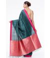 BOTTLE GREEN BISHNUPURI TUSSAR SILK, PINK CONTRAST PALLU & BORDER, MATCHING BROCADE BLOUSE PIECE