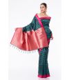 BOTTLE GREEN BISHNUPURI TUSSAR SILK, PINK CONTRAST PALLU & BORDER, MATCHING BROCADE BLOUSE PIECE