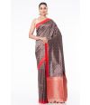 METALLIC BROWN BISHNUPURI TUSSAR SILK, CONTRAST RED BORDER & PALLU, BROCADE MATCHING BLOUSE PIECE