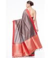 METALLIC BROWN BISHNUPURI TUSSAR SILK, CONTRAST RED BORDER & PALLU, BROCADE MATCHING BLOUSE PIECE