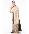 CREAM BISHNUPURI TUSSAR SILK CONTRAST BLACK BORDER & PALLU, WITH MATCHING BROCADE BLOUSE PIECE