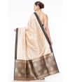 CREAM BISHNUPURI TUSSAR SILK CONTRAST BLACK BORDER & PALLU, WITH MATCHING BROCADE BLOUSE PIECE