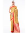 GOLDEN BISHNUPURI TUSSAR SILK ALL OVER ZARI BUTA RED CONTRAST BORDER & PALLU, MATCHING BROCADE BLOUSE PIECE