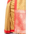 GOLDEN BISHNUPURI TUSSAR SILK ALL OVER ZARI BUTA RED CONTRAST BORDER & PALLU, MATCHING BROCADE BLOUSE PIECE