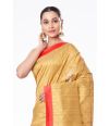 GOLDEN BISHNUPURI TUSSAR SILK ALL OVER ZARI BUTA RED CONTRAST BORDER & PALLU, MATCHING BROCADE BLOUSE PIECE