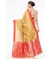 GOLDEN BISHNUPURI TUSSAR SILK ALL OVER ZARI BUTA RED CONTRAST BORDER & PALLU, MATCHING BROCADE BLOUSE PIECE