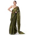 OLIVE GREEN ORGANZA SAREE WITH SCALLOP BORDER, ZARI EMBROIDERED BLOUSE PIECE