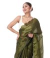 OLIVE GREEN ORGANZA SAREE WITH SCALLOP BORDER, ZARI EMBROIDERED BLOUSE PIECE