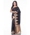 CHARCOAL BLACK GHICHHA SILK, TEMPLE ZARI BORDER AND PALLU, MATCHING BLOUSE PIECE