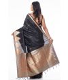 CHARCOAL BLACK GHICHHA SILK, TEMPLE ZARI BORDER AND PALLU, MATCHING BLOUSE PIECE