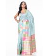 LIGHT BLUE BODY SILK MULTICOLOURED TEMPLE BORDER, FLORAL PRINTED MATCHING BLOUSE PIECE