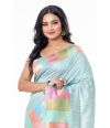 LIGHT BLUE BODY SILK MULTICOLOURED TEMPLE BORDER, FLORAL PRINTED MATCHING BLOUSE PIECE