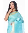 BLUE & PEACH OMBRE LINEN SAREE, CONTRAST PALLU, ZARI BORDER WITH CONTRAST BLOUSE PIECE