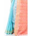 BLUE & PEACH OMBRE LINEN SAREE, CONTRAST PALLU, ZARI BORDER WITH CONTRAST BLOUSE PIECE