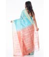 BLUE & PEACH OMBRE LINEN SAREE, CONTRAST PALLU, ZARI BORDER WITH CONTRAST BLOUSE PIECE