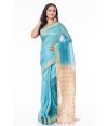 BLUE & BEIGE OMBRE LINEN SAREE, CONTRAST PALLU, ZARI BORDER WITH CONTRAST BLOUSE PIECE