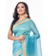 BLUE & BEIGE OMBRE LINEN SAREE, CONTRAST PALLU, ZARI BORDER WITH CONTRAST BLOUSE PIECE