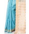 BLUE & BEIGE OMBRE LINEN SAREE, CONTRAST PALLU, ZARI BORDER WITH CONTRAST BLOUSE PIECE