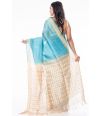 BLUE & BEIGE OMBRE LINEN SAREE, CONTRAST PALLU, ZARI BORDER WITH CONTRAST BLOUSE PIECE