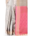 STEEL GREY SILK TUSSAR WITH ZARI BUTA, CONTRAST PINK ZARI WORK ON PALLU AND CONTRAST PINK BROCADE BLOUSE PIECE