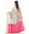 STEEL GREY SILK TUSSAR WITH ZARI BUTA, CONTRAST PINK ZARI WORK ON PALLU AND CONTRAST PINK BROCADE BLOUSE PIECE