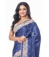 INDIGO BLUE COLOURED PURE SILK WITH ALL OVER EMBROIDERY WORK, WITH EMBROIDERED BLOUSE PIECE