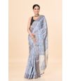 Off-White & Blue Semi Tussar Saree with Abstract Printed Body, Embroidered Pallu & Zari Border