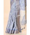 Off-White & Blue Semi Tussar Saree with Abstract Printed Body, Embroidered Pallu & Zari Border