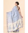 Off-White & Blue Semi Tussar Saree with Abstract Printed Body, Embroidered Pallu & Zari Border