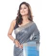 STEEL GREY BODY GHICHHA TUSSAR, WITH ZARI BORDER, CONTRAST BLUE PALLU & BLOUSE PIECE