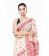 MAROON PRINT & KATHA STITCH ON OFF WHITE KHADI COTTON WITH MATCHING BLOUSE PIECE