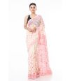 LIGHT PINK PRINT & KATHA STITCH ON OFF WHITE KHADI COTTON WITH MATCHING BLOUSE PIECE