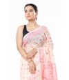 LIGHT PINK PRINT & KATHA STITCH ON OFF WHITE KHADI COTTON WITH MATCHING BLOUSE PIECE