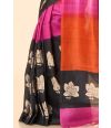 printed silk featuring a stunning gradient of orange, pink, and black with elegant floral prints on the black base