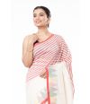 SOFT PURE HANDLOOM SAREE, OFF WHITE PLAIN BODY, CONTRAST RED BORDER WITH MULTI COLOUR TEMPLE THREADWORK & MATCHING BLOUSE PIECE