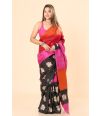 printed silk featuring a stunning gradient of orange, pink, and black with elegant floral prints on the black base