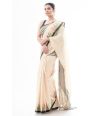 SOFT PURE HANDLOOM SAREE, BEIGE PLAIN BODY, CONTRAST BLACK BORDER WITH MULTI COLOUR TEMPLE THREADWORK & MATCHING BLOUSE PIECE