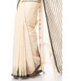 SOFT PURE HANDLOOM SAREE, BEIGE PLAIN BODY, CONTRAST BLACK BORDER WITH MULTI COLOUR TEMPLE THREADWORK & MATCHING BLOUSE PIECE