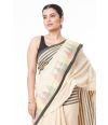 SOFT PURE HANDLOOM SAREE, BEIGE PLAIN BODY, CONTRAST BLACK BORDER WITH MULTI COLOUR TEMPLE THREADWORK & MATCHING BLOUSE PIECE