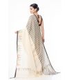 SOFT PURE HANDLOOM SAREE, BEIGE PLAIN BODY, CONTRAST BLACK BORDER WITH MULTI COLOUR TEMPLE THREADWORK & MATCHING BLOUSE PIECE